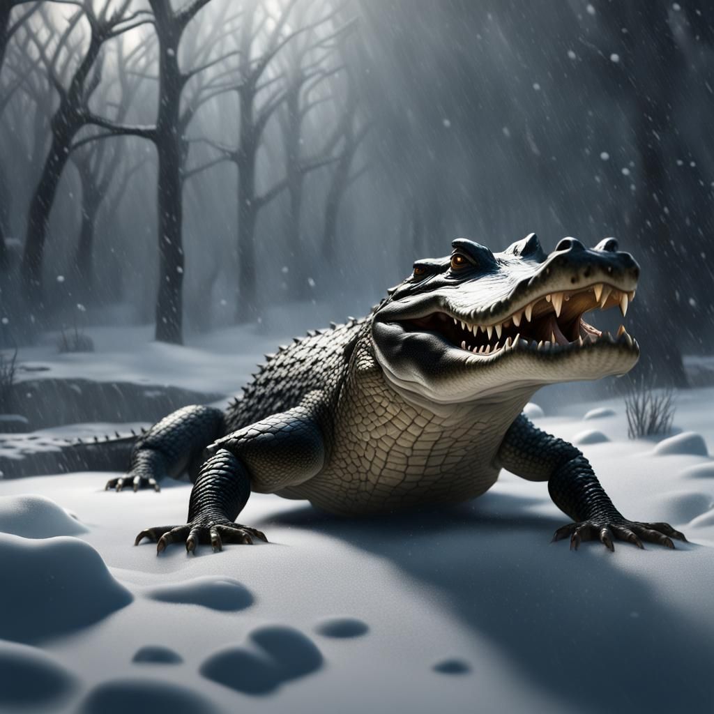 Alligator lost in a blizzard, hyper realistic, fine detail