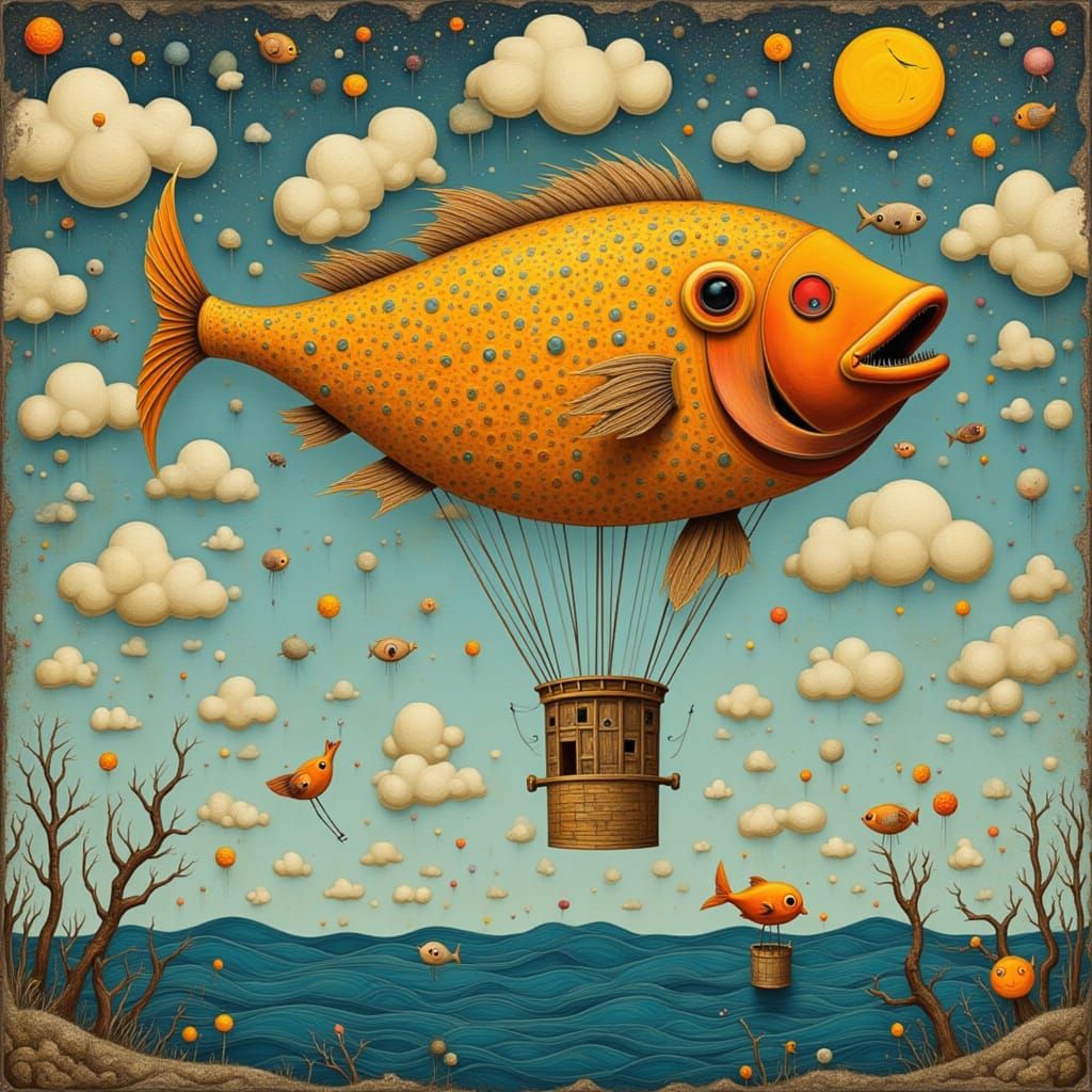 "A funny fish parachuting by Casey Weldon, Chris Uminga and Craig Davison in art brut style"<lora:ArtBrutFantasy:1.0>