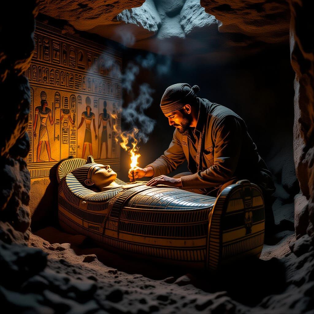 An archaeologist carefully unearths a sarcophagus in a dimly lit tomb, the air thick with dust. Warm, ...  by @Kosh