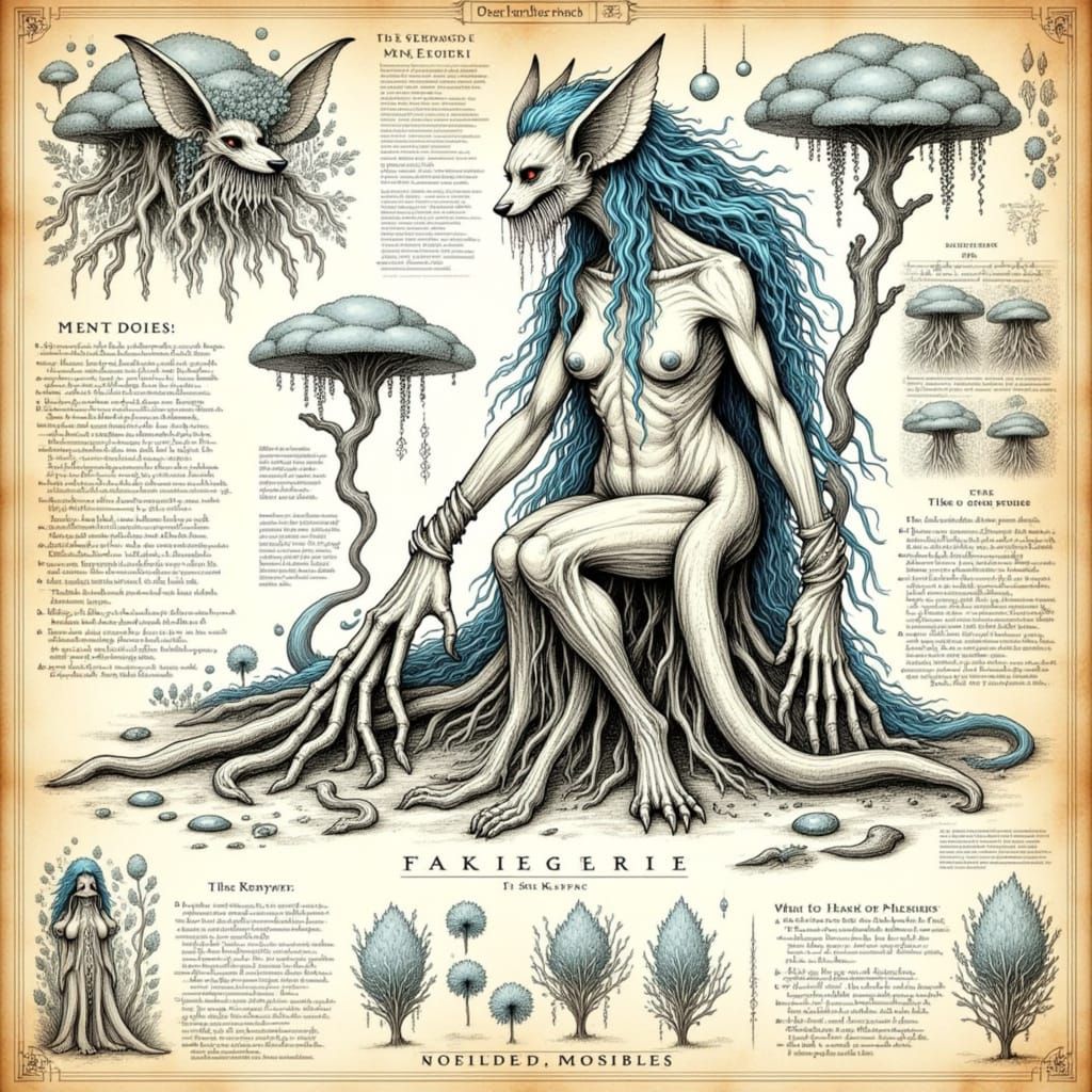 <lora:Fantasy Creature:1.0> A <fairy> in the style of <Fantasy Character> in a forest, with smaller images of characteristics