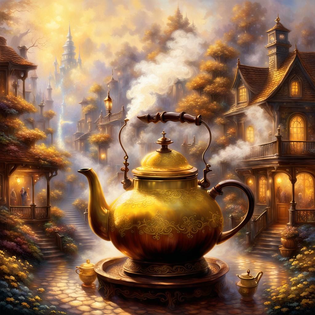 Yellow and brown theme, 1 brown kettle with yellow steam   B...