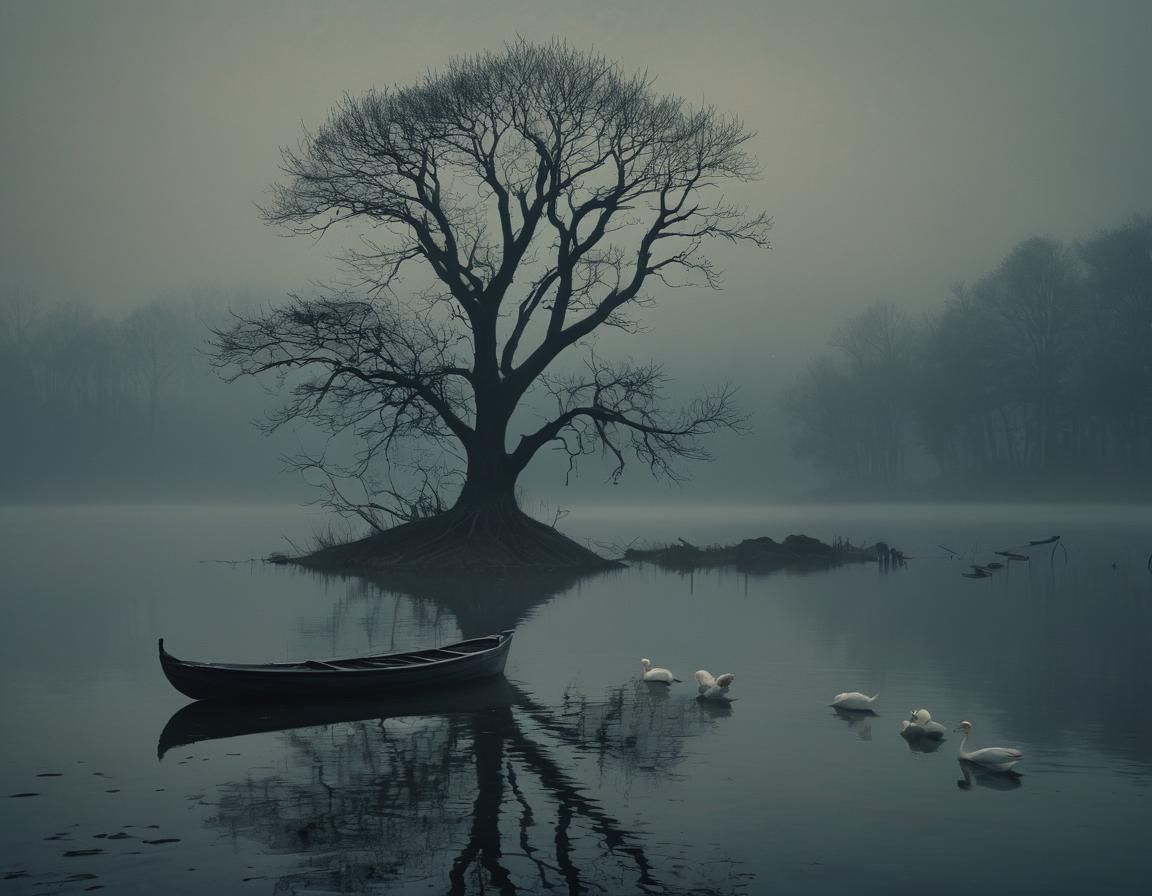 magical winter landscape with a group of swans in the backgr...