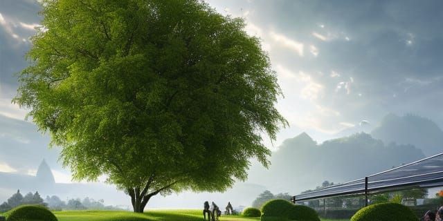Leafy Tree in Glass Box, Realistic Park Scene