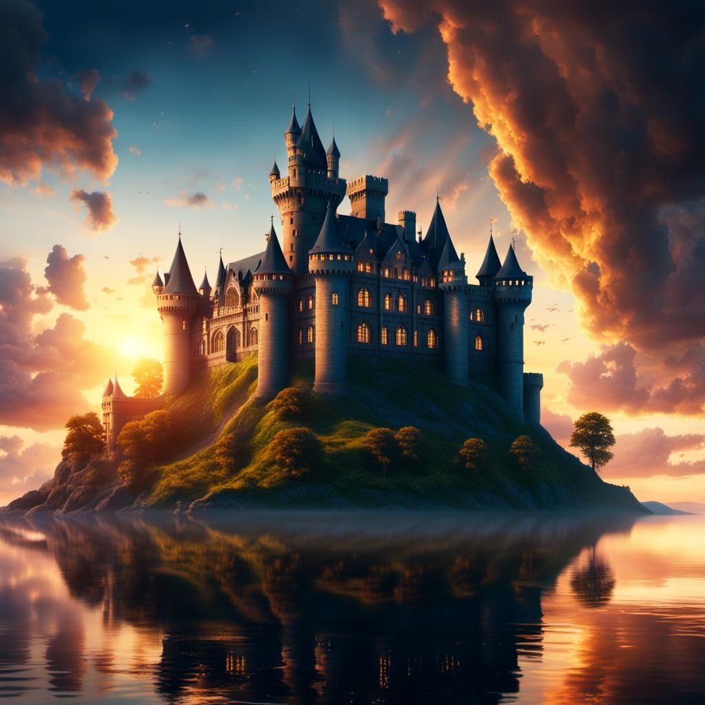Castle on an island with a sunset behind it full of light