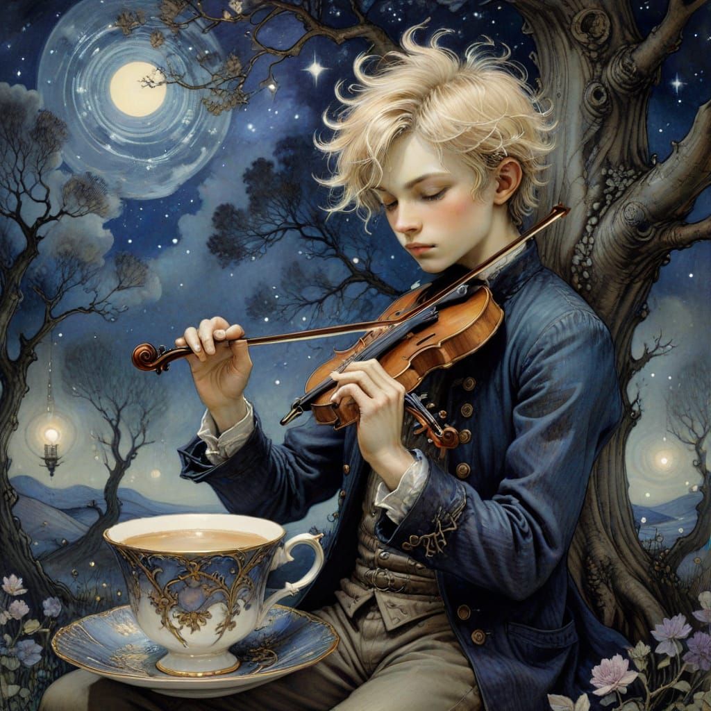 A blond boy sits and plays a violin built on a giant, ornate teacup, a majestic twisted tree with milky white foliage and hanging icicles, i...