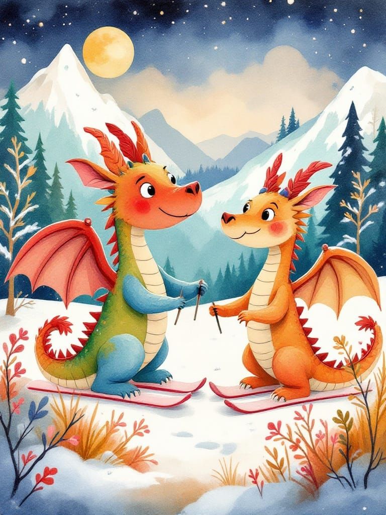 Joyful Dragons on a Whimsical Winter Ski Date in Folk Art St...