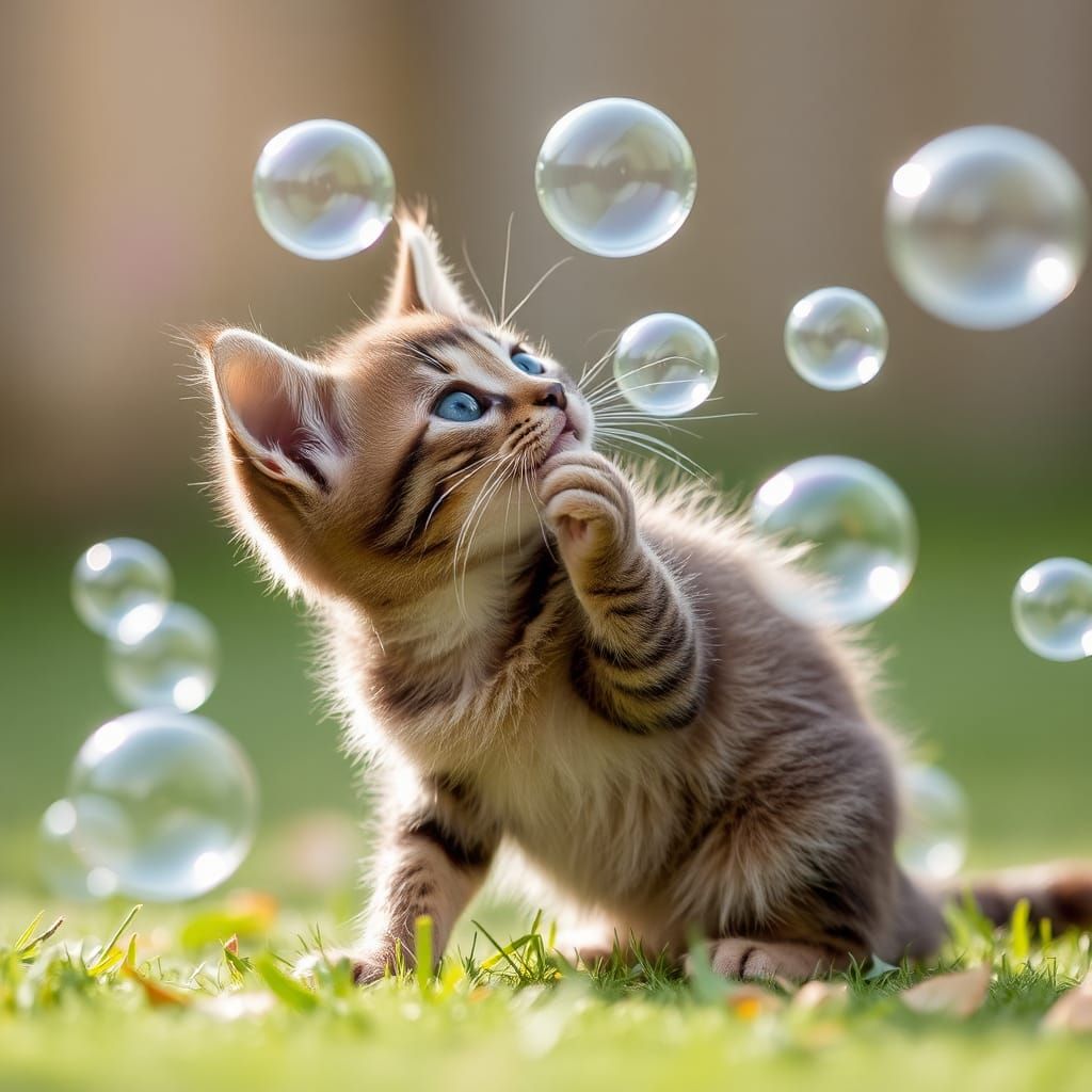 kitten playing with bubbles
