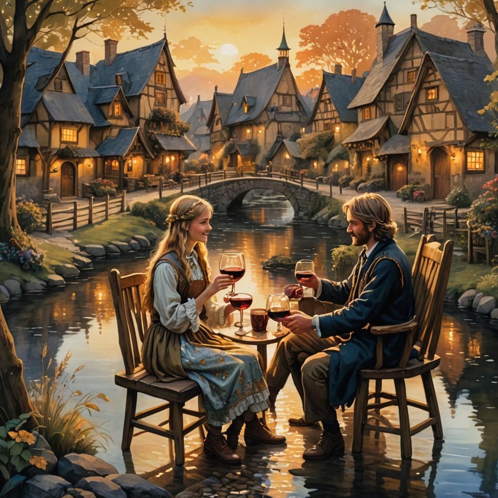 Fantasy Village: Friends Sharing Wine by River
