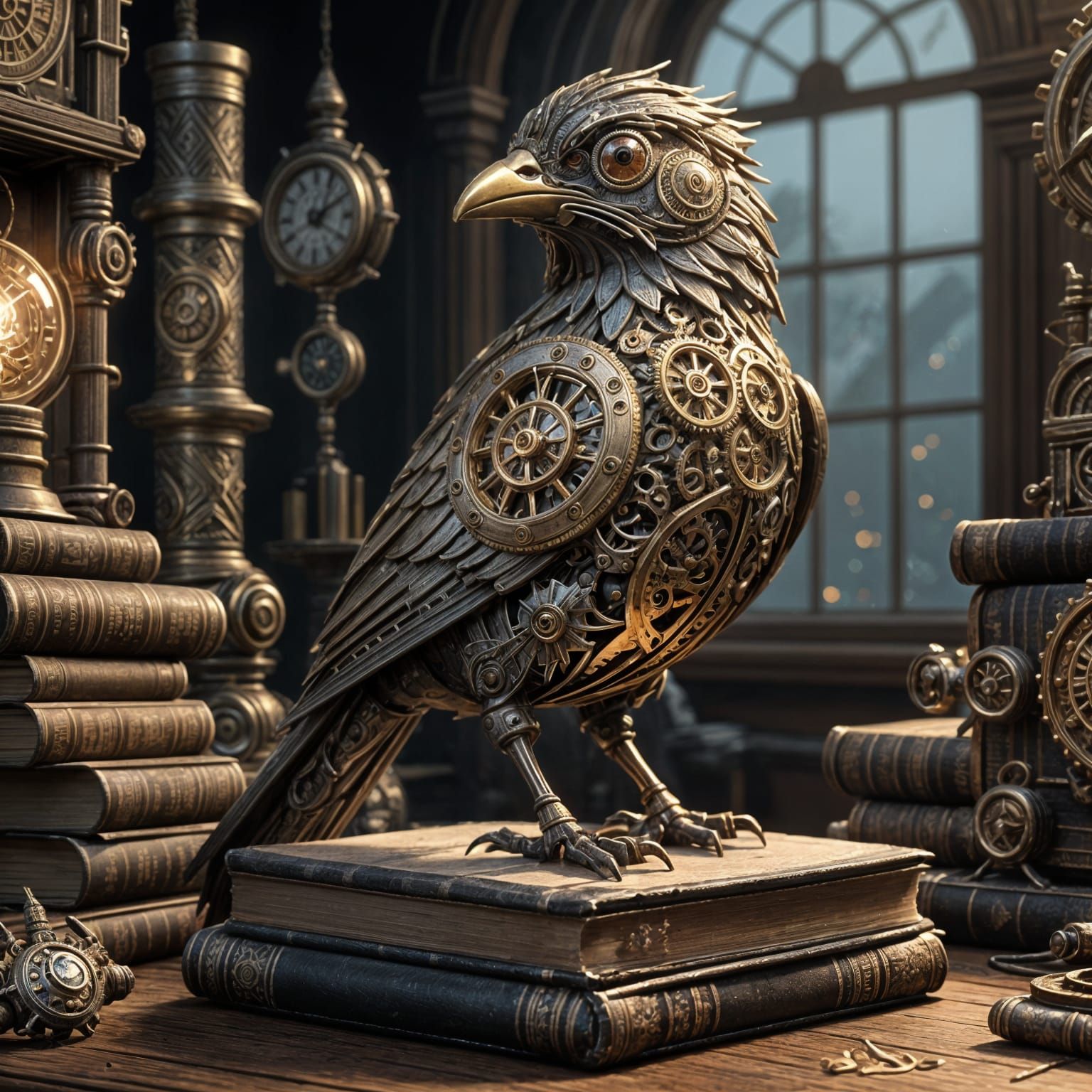 A clockwork bird perched on a stack of antique books in a dimly lit study. Gears and cogs are visible ...  by @Badgeress