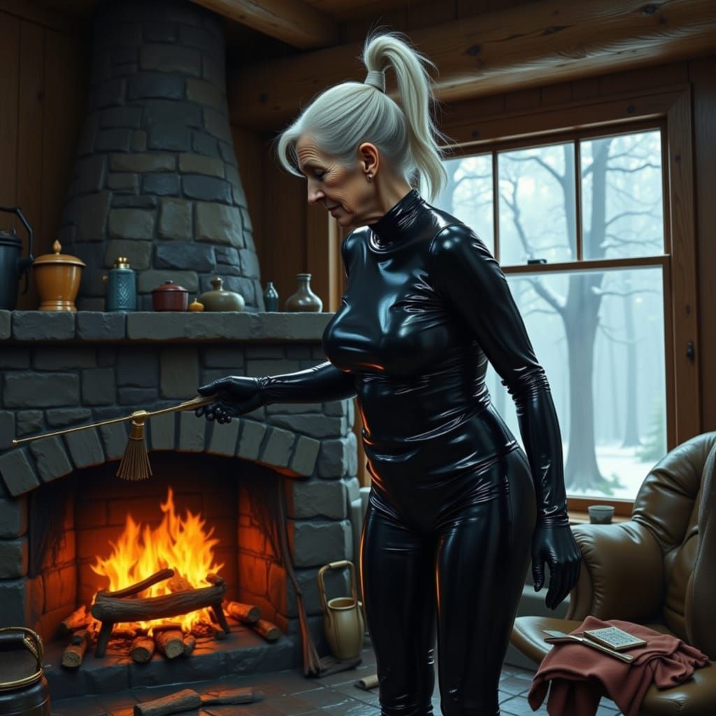 Elderly Woman in PVC Catsuit Stoking Fire