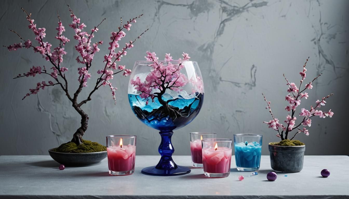 glass goblet on a table made of ice, filled with slurpee. st...