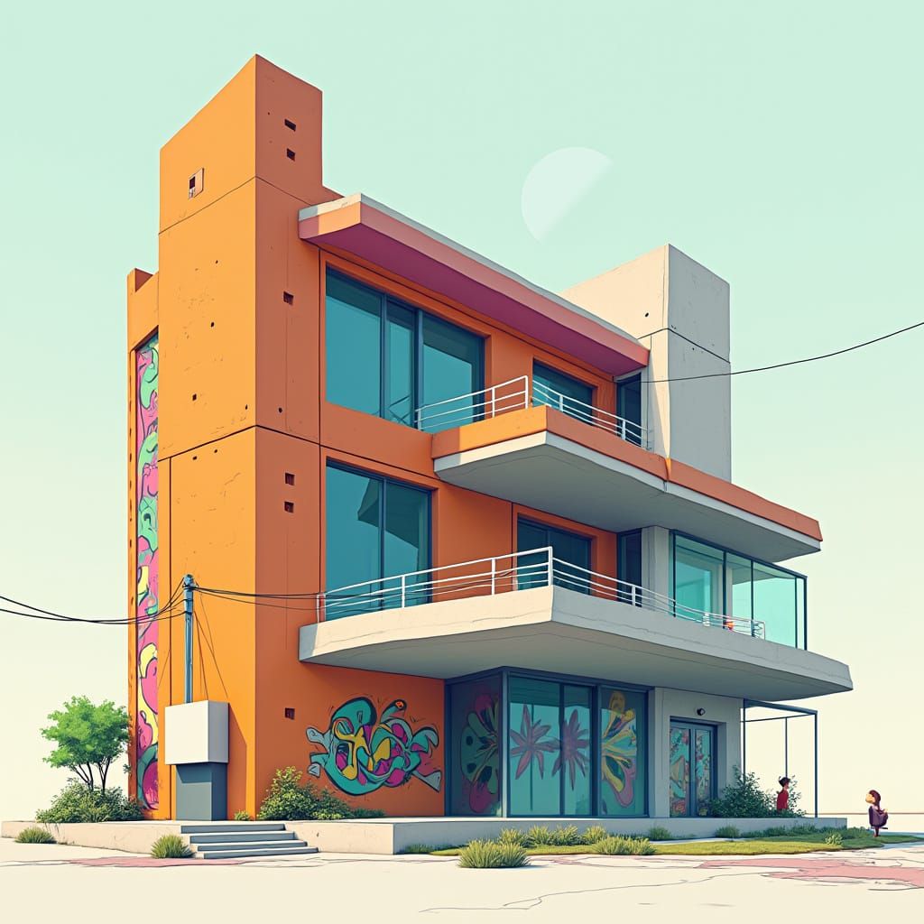 draw a house in a minimalist style vector graphics two-sided with windows on one side graffiti also visible wires connecting the telephone l...