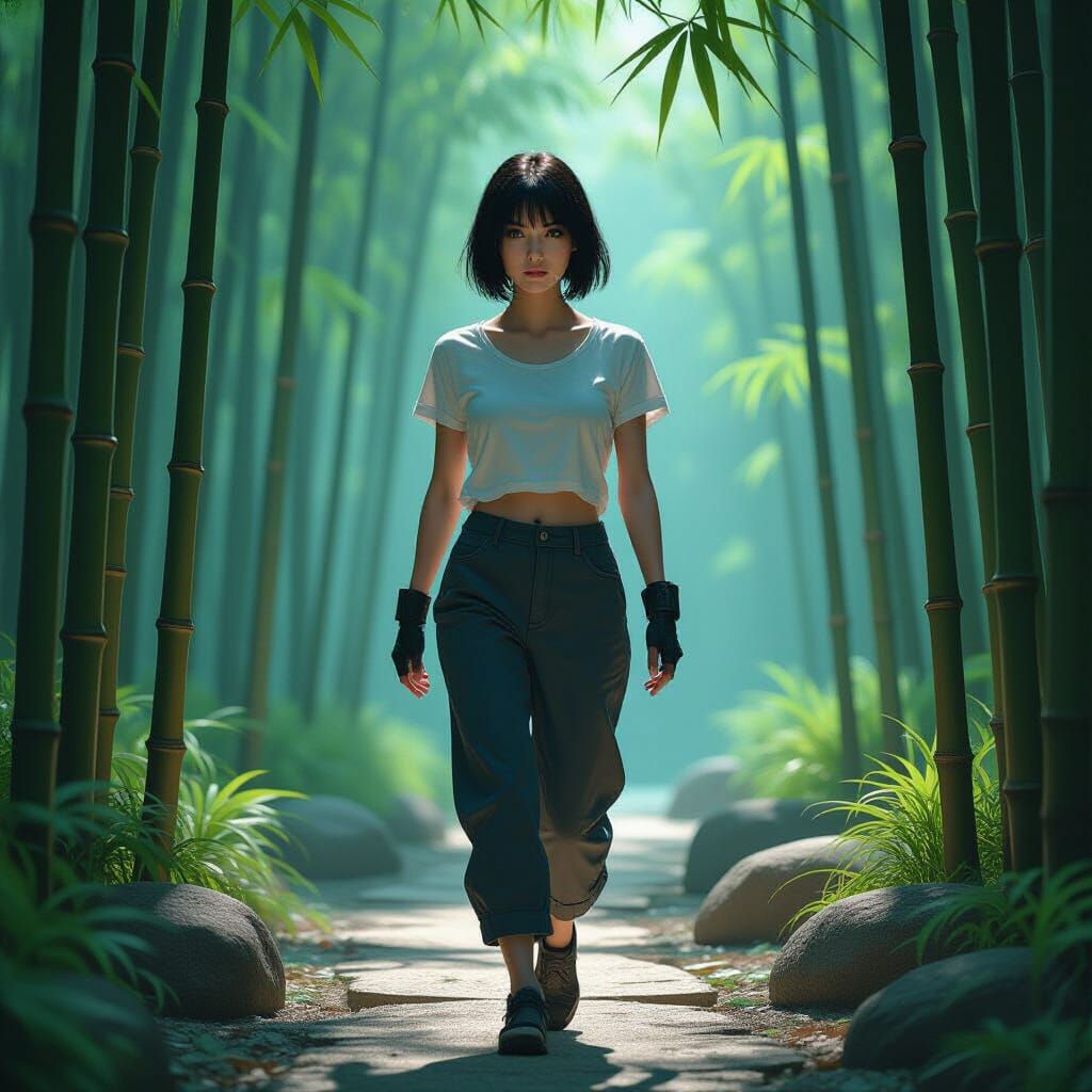 Futuristic Woman in Bamboo Garden, Syd Mead Style