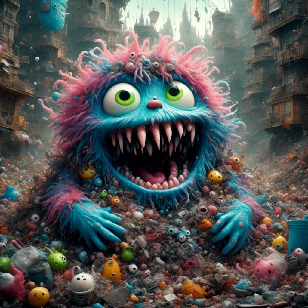 Happy alien in a trashpool <lora:G-Creeps:1.0> 