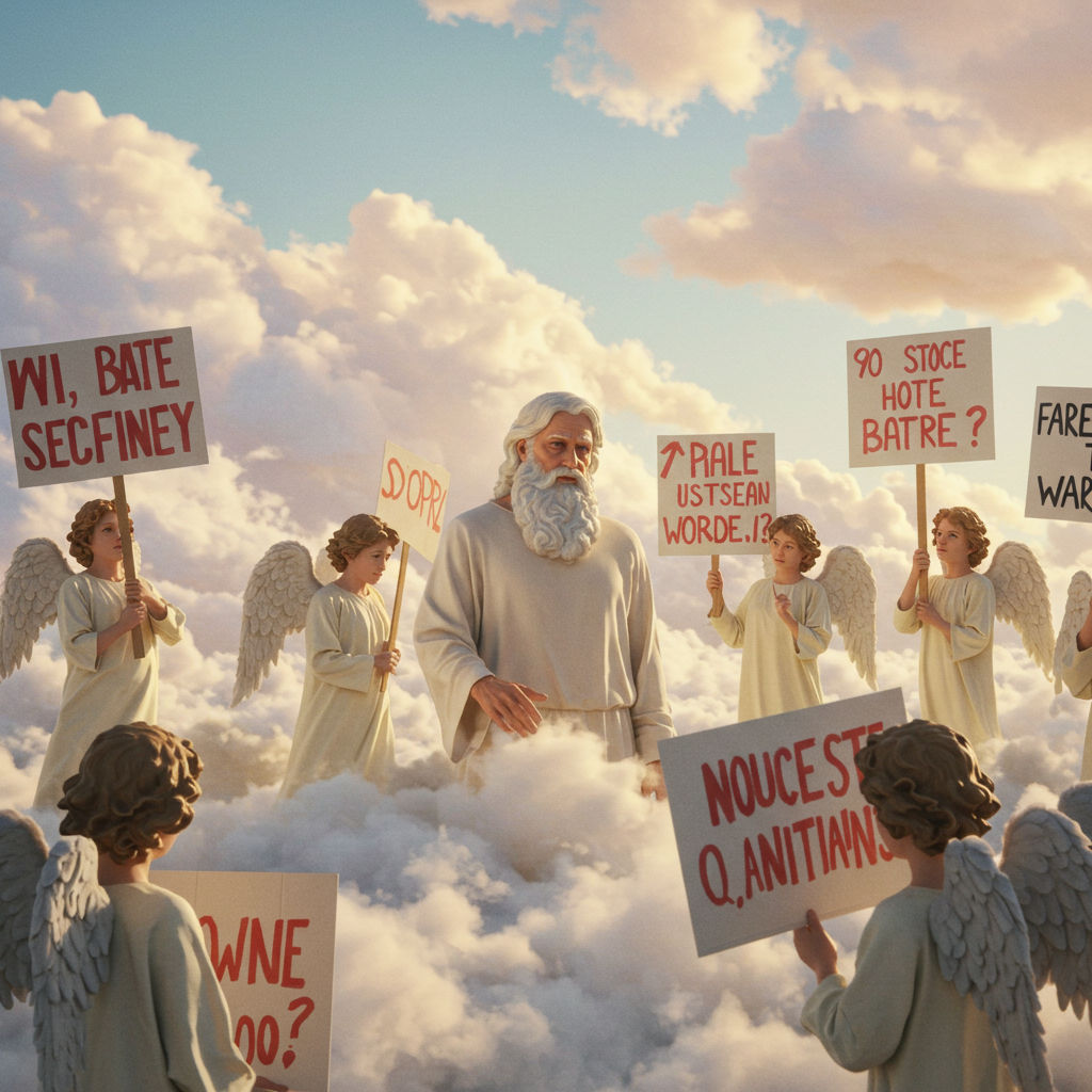 add angels with protest signs and god shaking his head