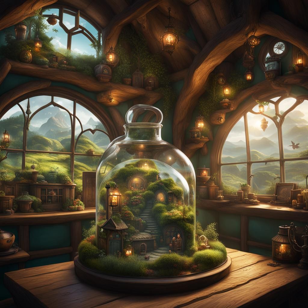 Hobbiton inside of a glass bottle terrarium