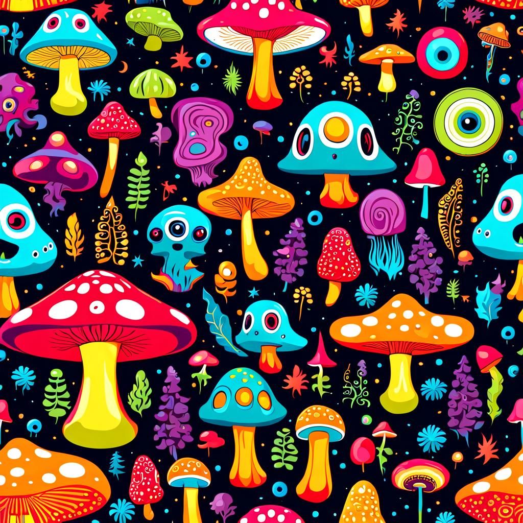 Surreal trippy seamless pattern with mushrooms and weird characters ...