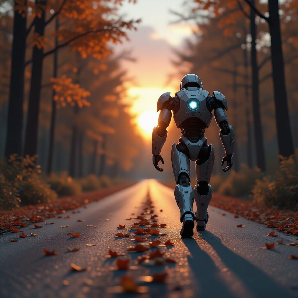 Futuristic Robot on Autumn Forest Road at Sunset