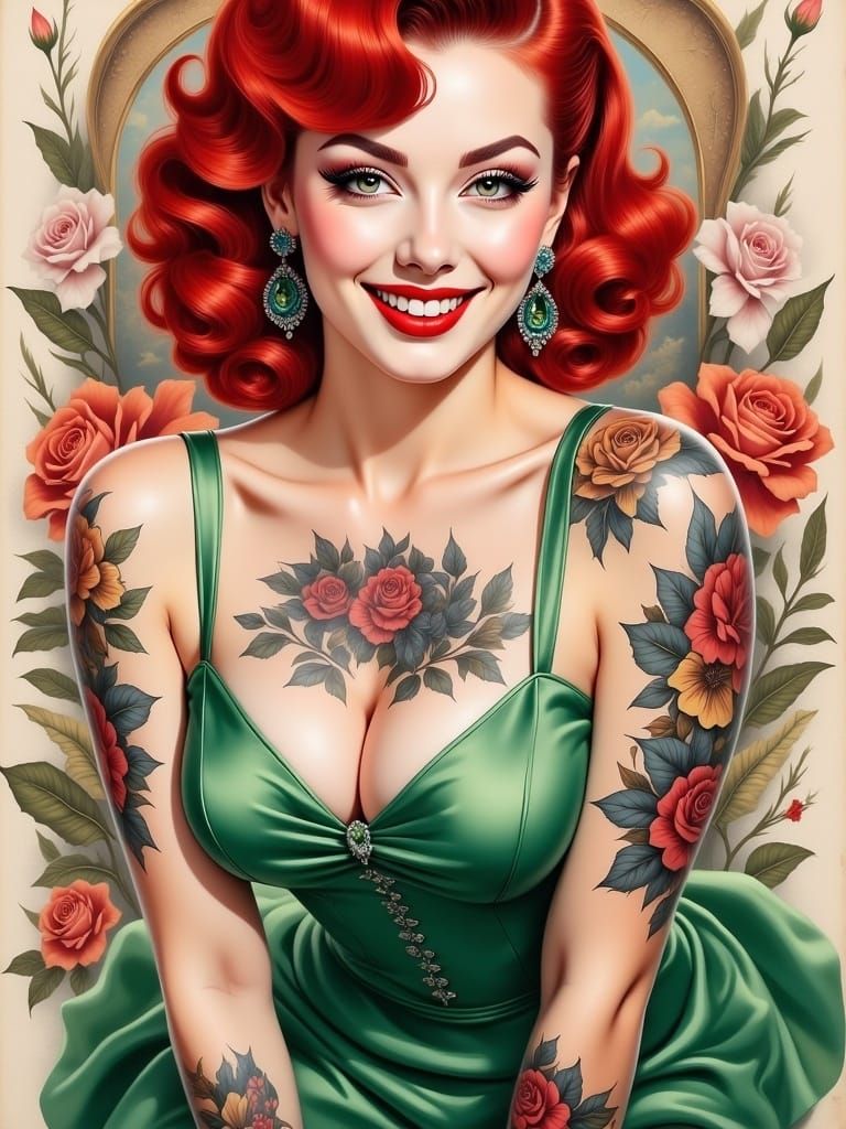 <lora:Pinup flux:1.0> full body portrait Gorgeous tattooed 50s pin up woman with stunning styled red hair wearing “that green dress”, soft s...