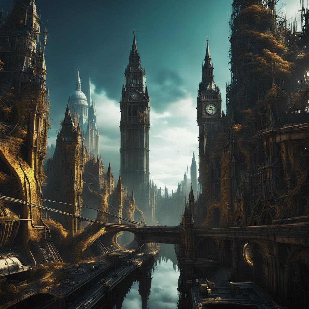 electronic London, futuristic, fractal, in the style of dave mckean