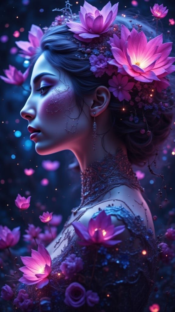 Violet woman of sparkle night of dark and light to be bold in the heart of sight <lora:Sparkle Night:1.0> 