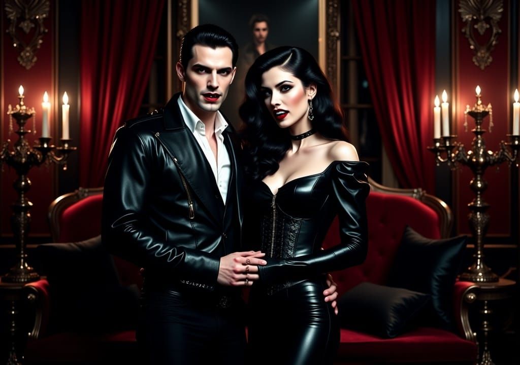 <lora:Vampire with fangs:1.0>  Modern  beautiful vampire couple wearing  leatherwith fangs slightly showing  in a modern luxury gothic apart...