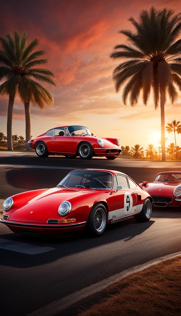 Hyperrealistic photo of a two cars, one porsche and one ferr...