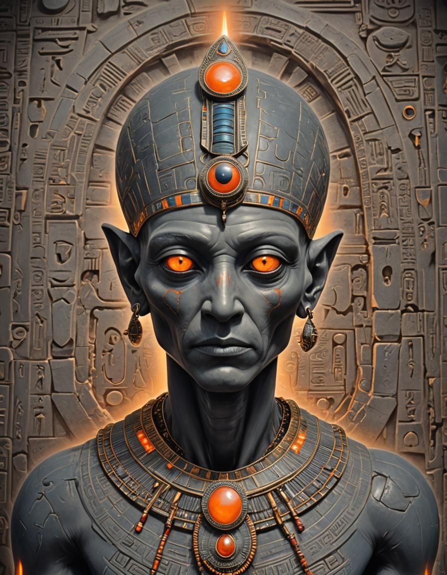 scenic picture of a gray alien god, wide face, orange glowin...