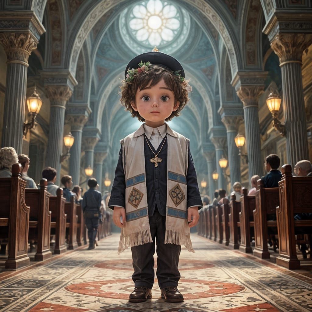 Charming Hasidic Boy in Synagogue, Matte Painting