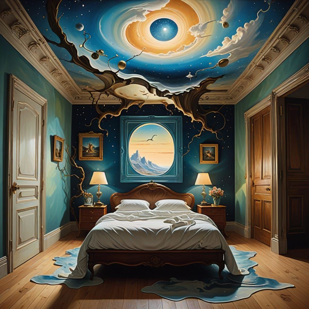 Dreamlike Surrealism: Gravity-Defying Bedroom Scene