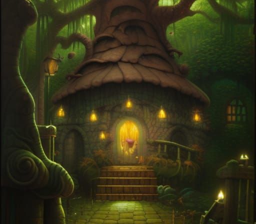 wizard's hut in the swamp stone pavers lamp posts full moon ...
