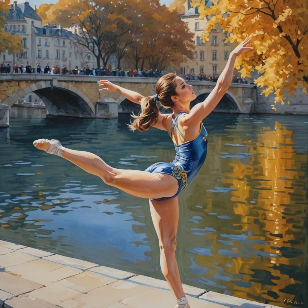 beautiful female gymnast, gymnastics, Pont Neuf, Cloisonné, Gouache, Lina Iris Viktor, Artgerm  by @Daleone