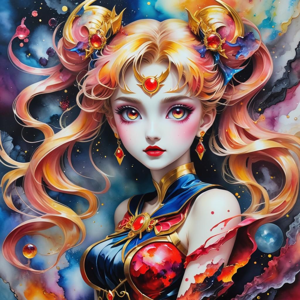 beautiful volcanic sailor moon, alcohol ink, hyperdetailed, ...