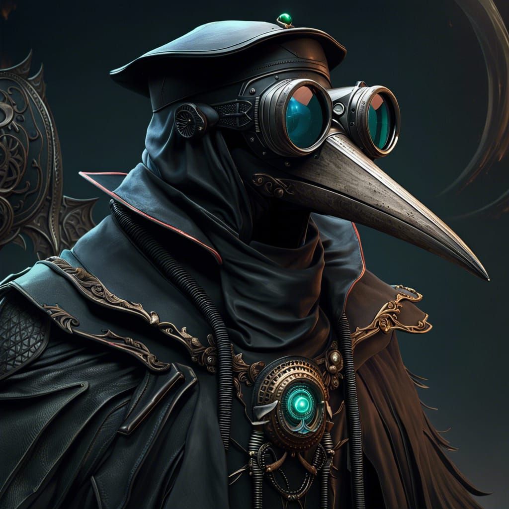 A  medieval plague doctor wearing goggles, cyberpunk art by Volkan Baga, cgsociety, fantasy art, steampunk, ...  by @Bill A