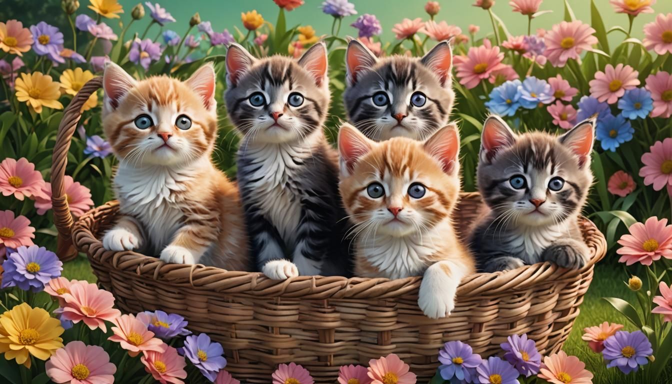 Five kittens in a basket sleeping on a lawn with flowers