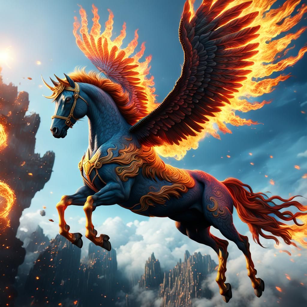 A Flaming pegasus Flying through the sky