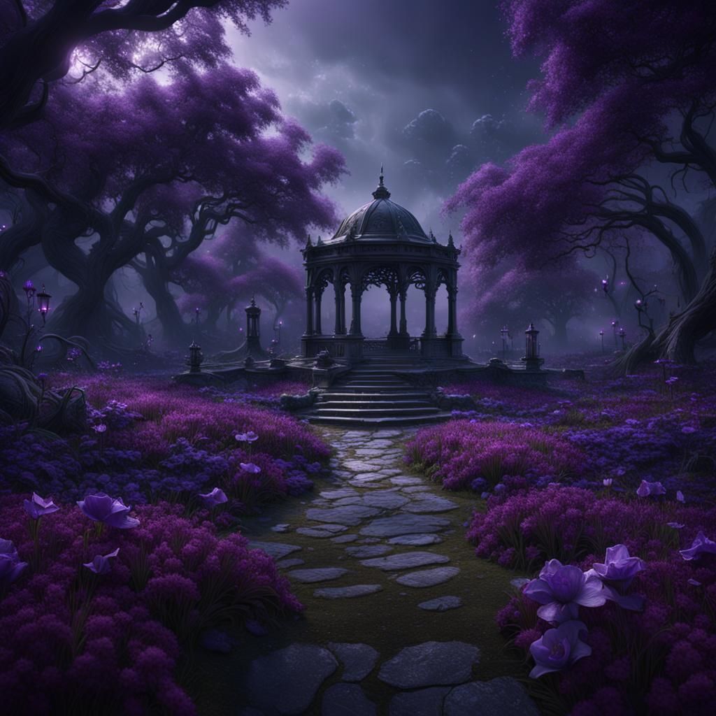Dark park with dark purple flowers