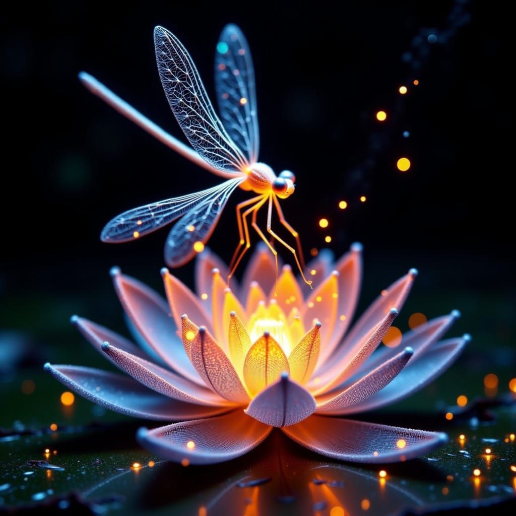 <lora:Glow:1.0> A glowing and shining a dragonfly made of luminescent strings on a lotus made of bioluminescent strings. Computational strin...