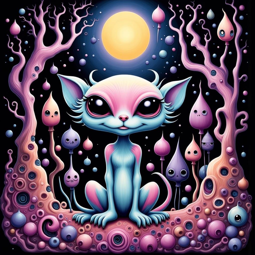 Fun quirky alien Tim Burton Lisa Frank <lora:Warm Fuzzies Flux:1.0> 