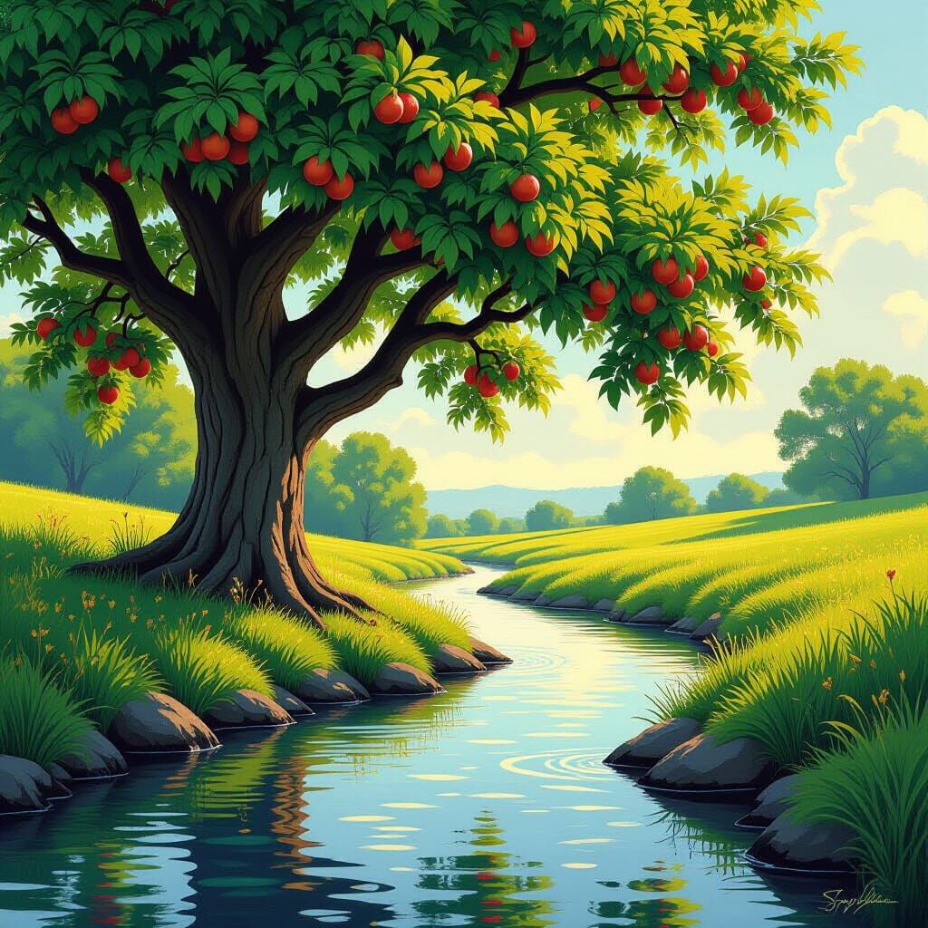 Lush Tree by Stream in Impressionistic Realism
