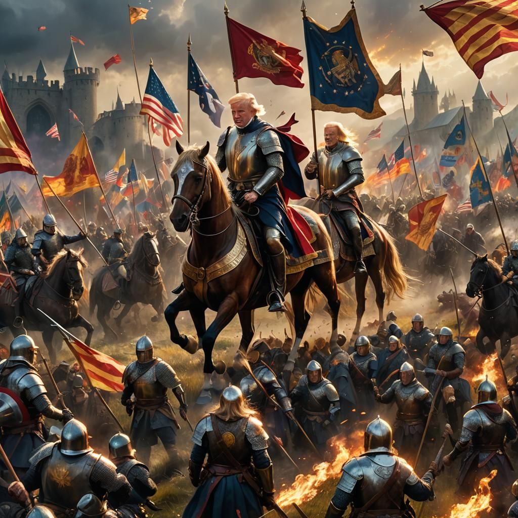 Epic Battle: Trump Conquers Biden, Medieval Fantasy Art