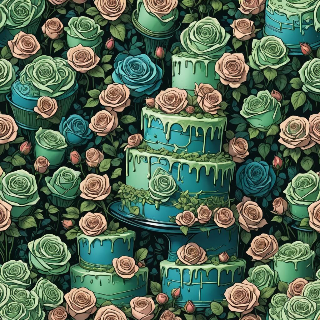 a blue and green cake covered in roses