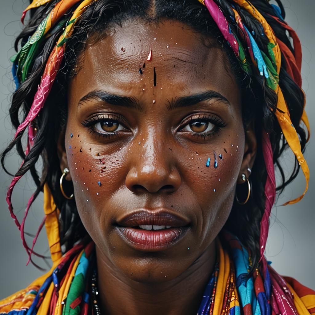realistic portrait of a black woman wearing colorful clothes  by @tchen