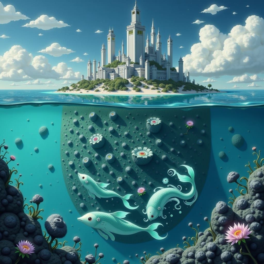 4k high resolution glass of water. inside that glass of water there is sunken city Atlantis. mermaids an sea creatures surround the sunken c...