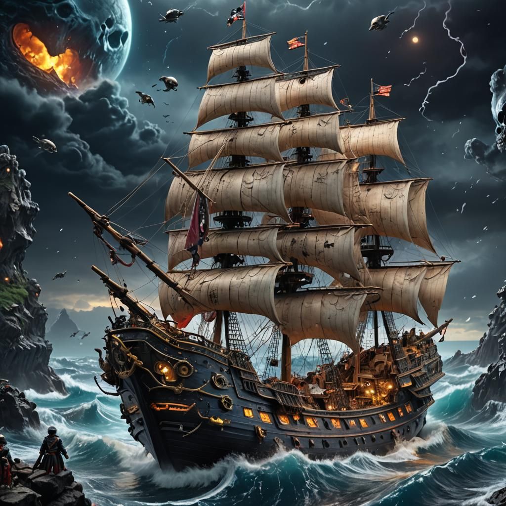 Pirate Ship in Glass Cube: Hyperrealistic Fantasy Art