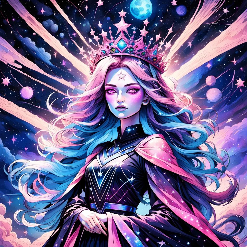 A woman made of stars with glowing pink eyes and hair made o...