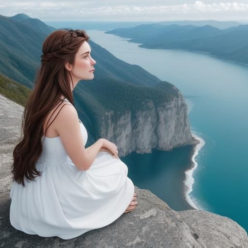 man with long hair in white sitting on a mountain watching t...