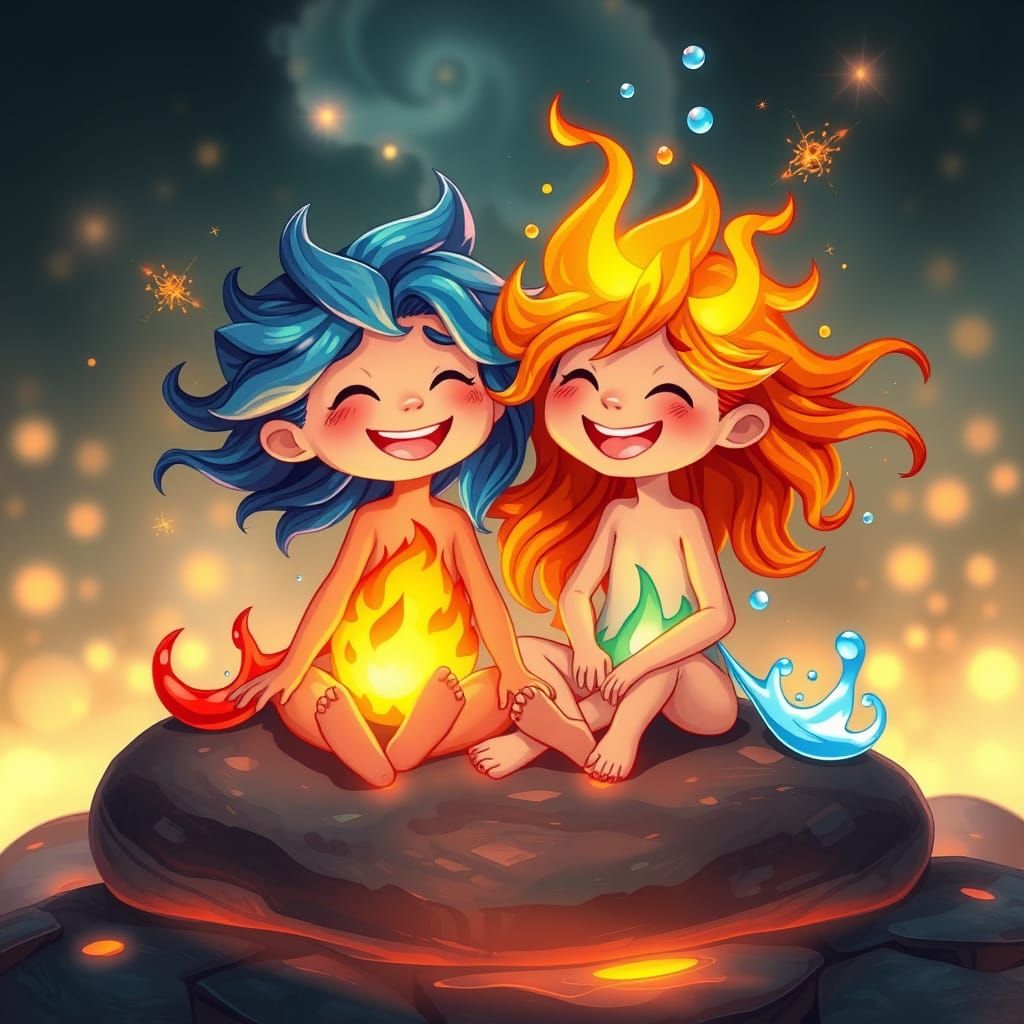 Fire and Water Friends in Whimsical Fantasy Art