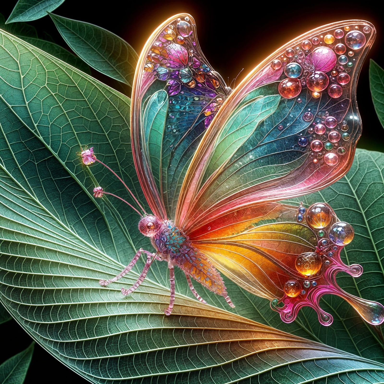 Vibrant Glass Butterfly Perched on a Transparent Green Leaf