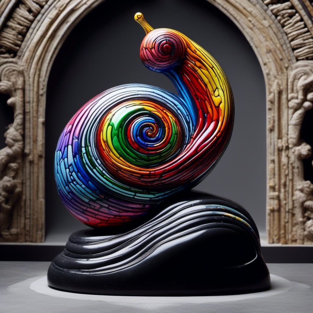 <lora:Haring 3D:1.0>  A profound creation with colorful marble stone carved into intricate snail, symbolizing life's journey. black transluc...